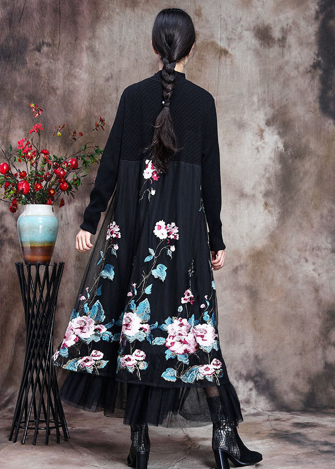 Knit Mock Neck Long Sleeve Floral Embroidered Mesh Overlay Midi Dress