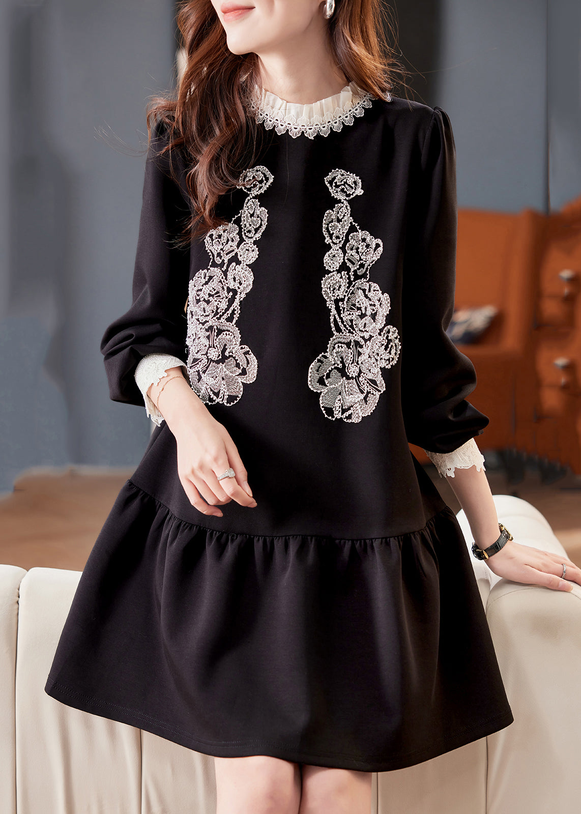 Lace Applique Peter Pan Collar Long Sleeve A-Line Mini Dress