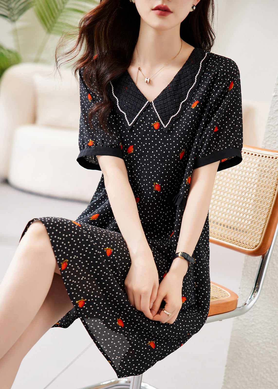 Polka Dot Print Scalloped Trim Collar V-Neck Short Sleeve Midi Dress