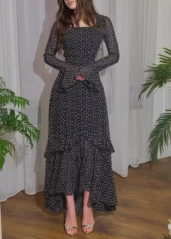 Polka Dot Square Neck Long Flare Sleeve Tiered Ruffle High Low Maxi Dress