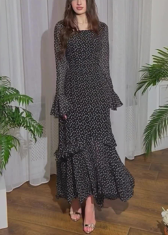 Fine Black Ruffled Print Chiffon Long Dresses Flare Sleeve 3