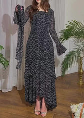 Fine Black Ruffled Print Chiffon Long Dresses Flare Sleeve 4