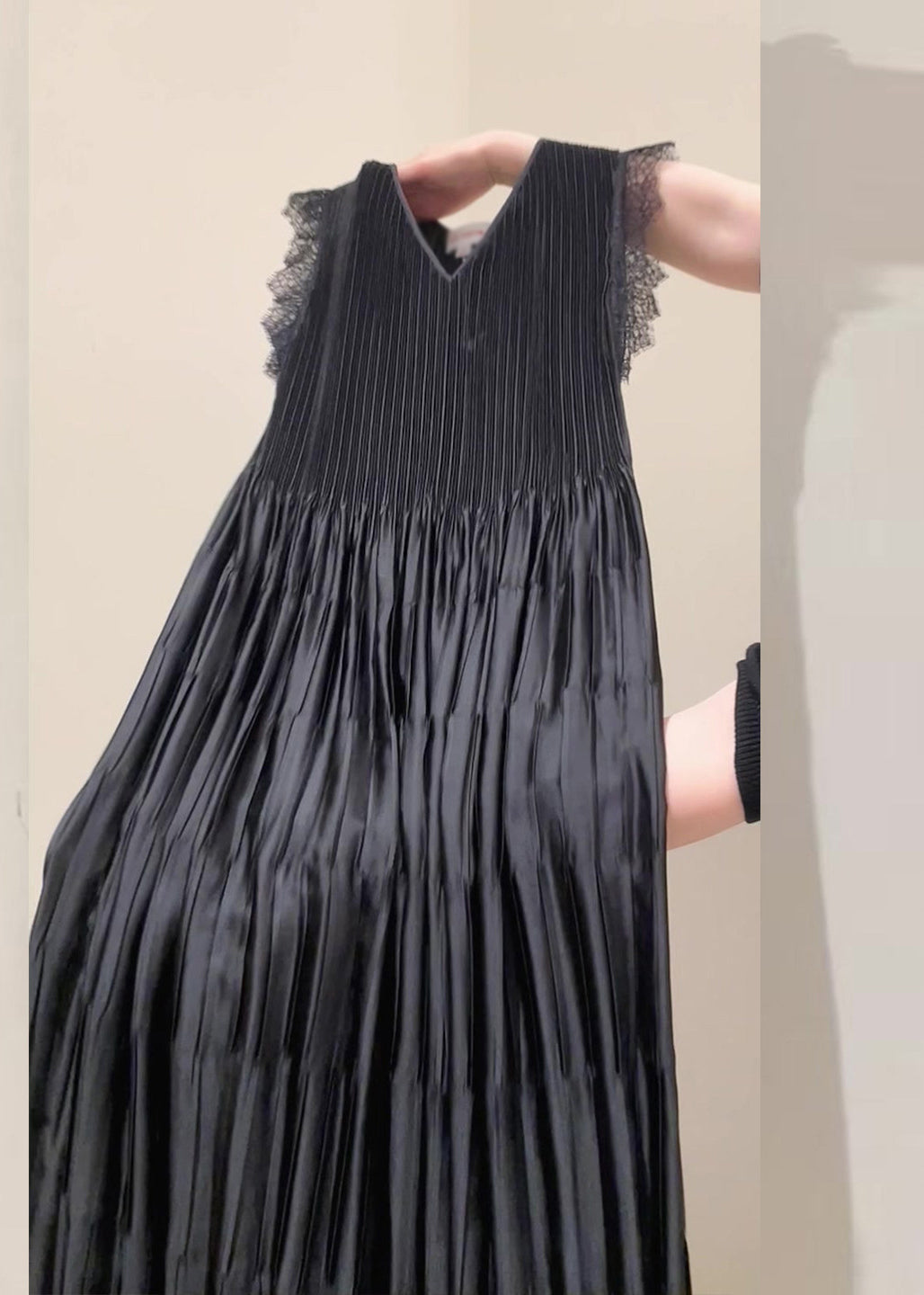 Pleated V-Neck Sleeveless Lace Trim Drop Waist Maxi Dress