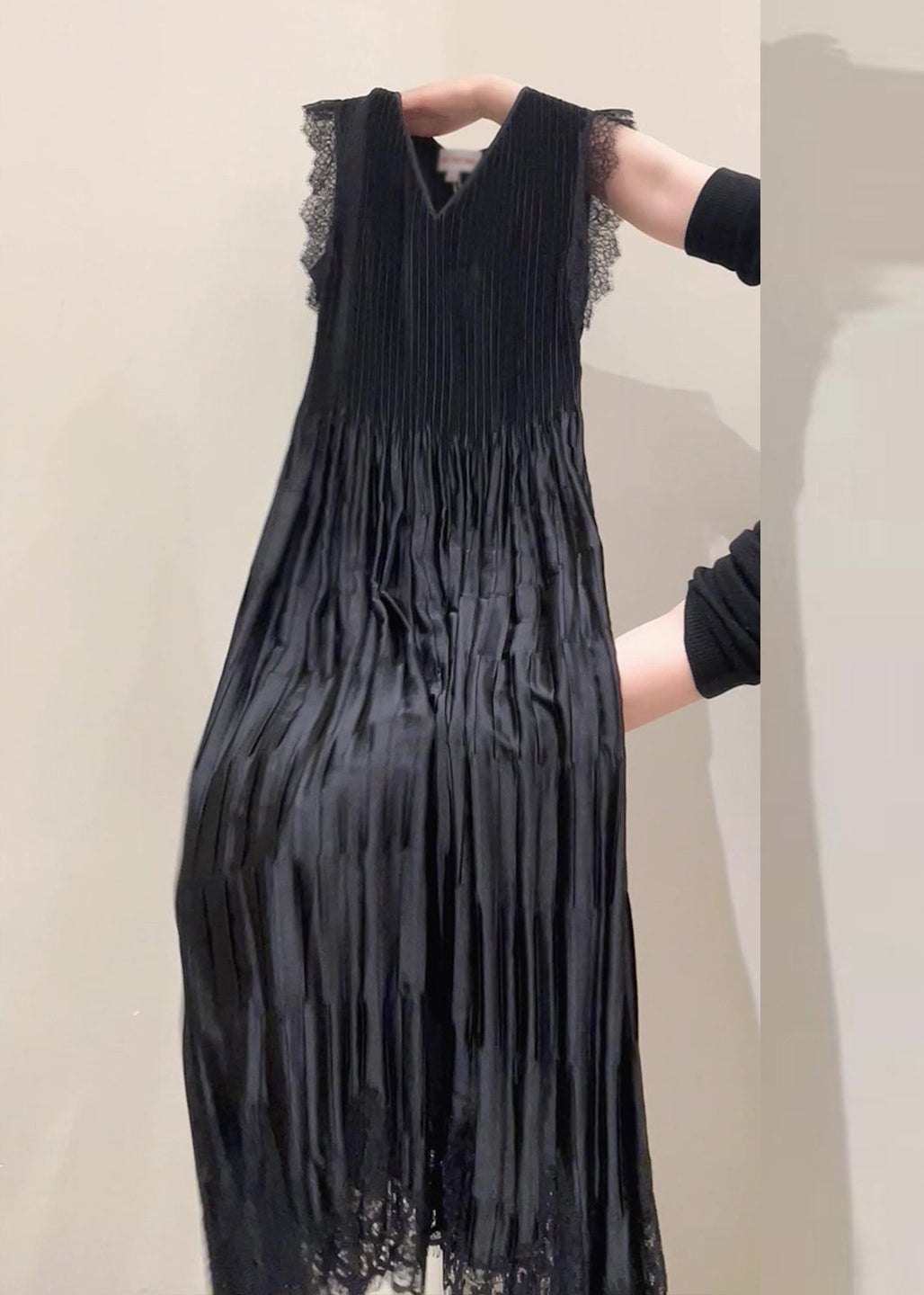 Pleated V-Neck Sleeveless Lace Trim Drop Waist Maxi Dress