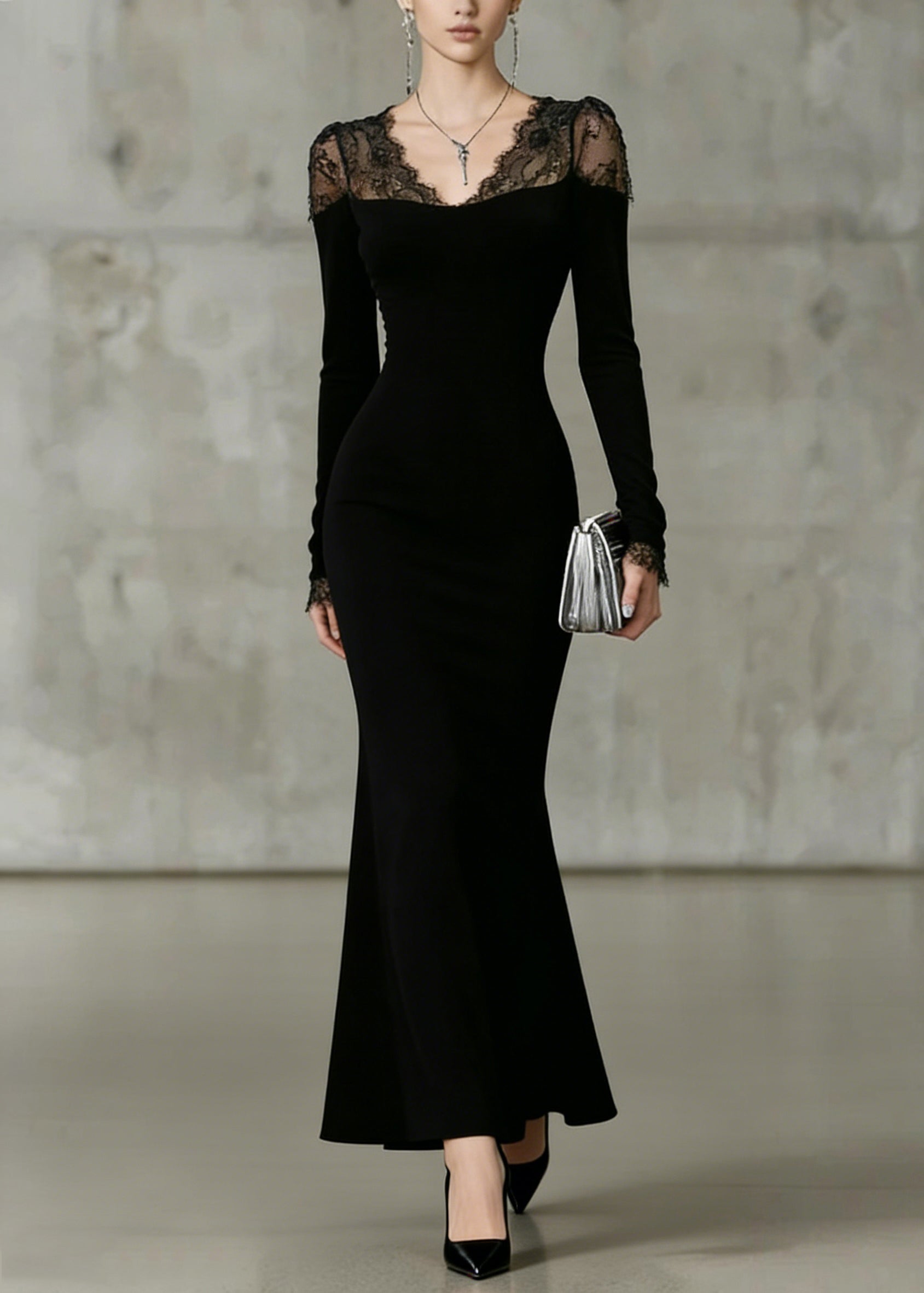 Sweetheart Lace Yoke Long Sleeve Mermaid Maxi Dress