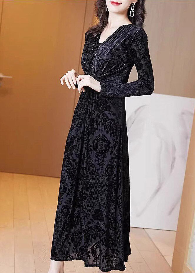 Fine Black V Neck Tunic Silk Velvet Maxi Dress Spring - View 4