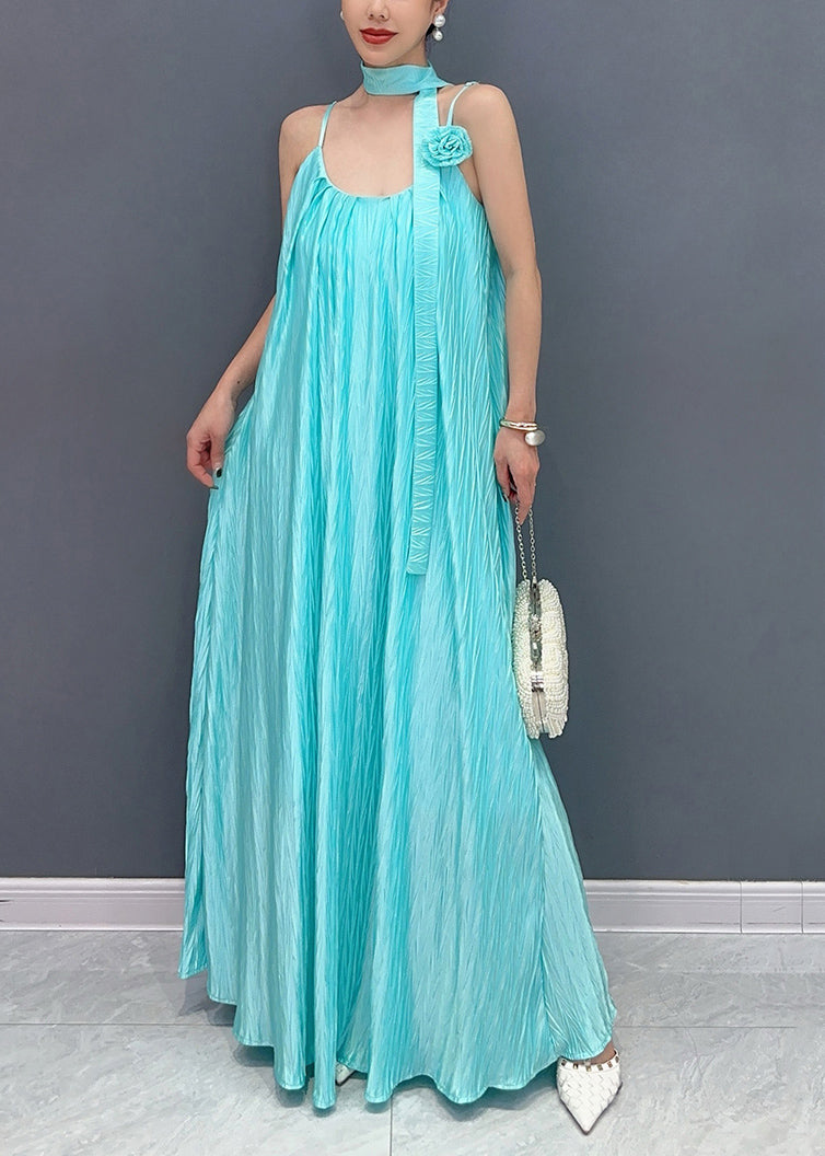 Textured Pleated Spaghetti Strap Rosette Scarf Loose Maxi Dress
