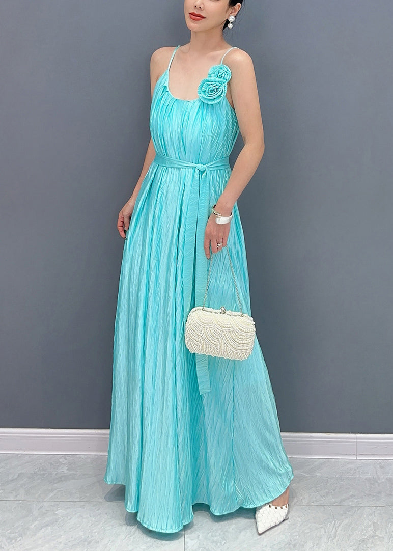 Fine Blue Cold Shoulder Floral Silk Spaghetti Strap Dress Summer - View 3