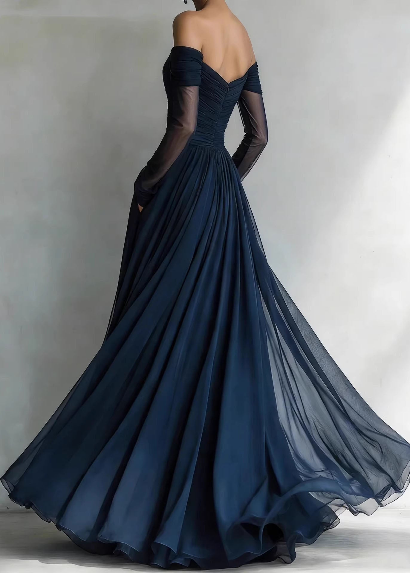 Off Shoulder Ruched Bodice Sheer Long Sleeve Tulle Pocket Maxi Gown