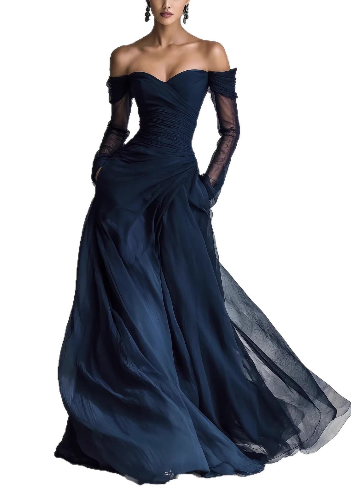 Off Shoulder Ruched Bodice Sheer Long Sleeve Tulle Pocket Maxi Gown