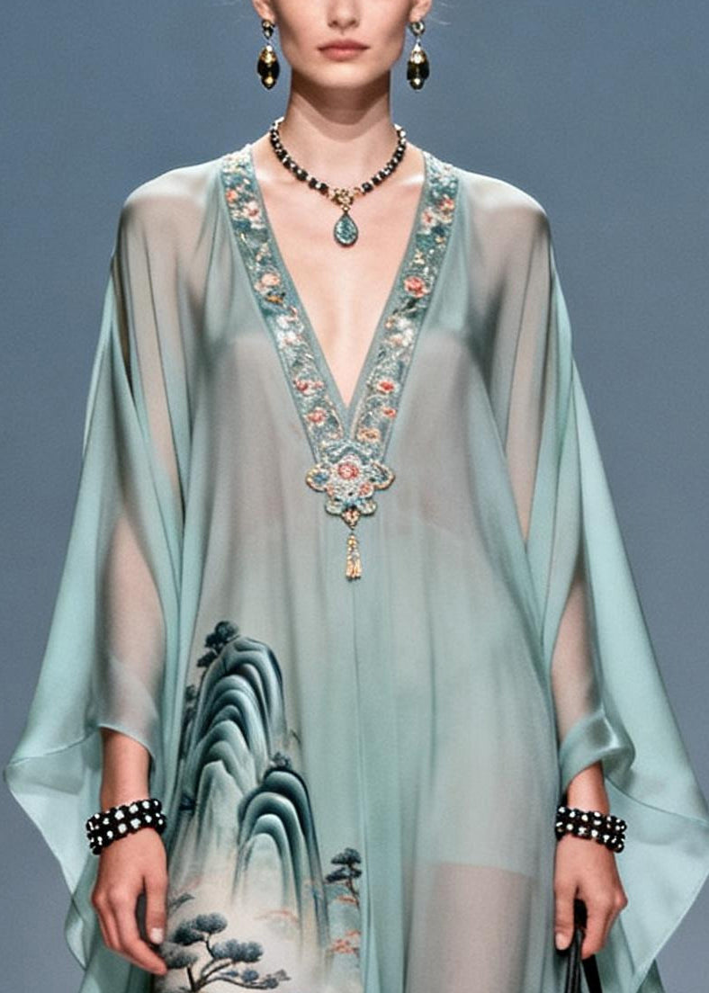 Chiffon Deep V-Neck Embroidered Trim Kaftan Sleeve Maxi Gown