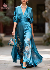 Fine Blue V Neck Print Silk Maxi Dress Long Sleeve 3