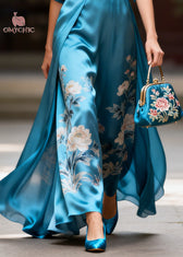 Fine Blue V Neck Print Silk Maxi Dress Long Sleeve 4
