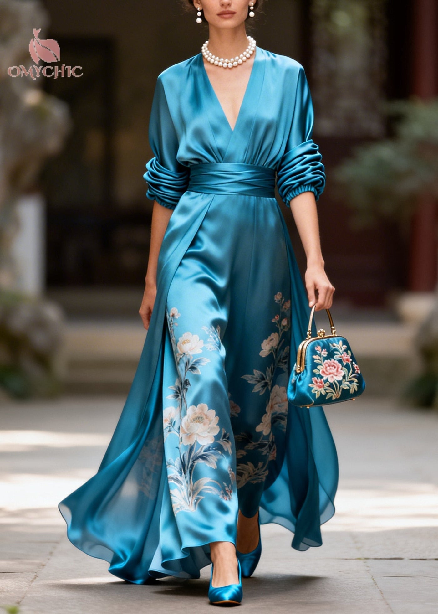 Fine Blue V Neck Print Silk Maxi Dress Long Sleeve 5