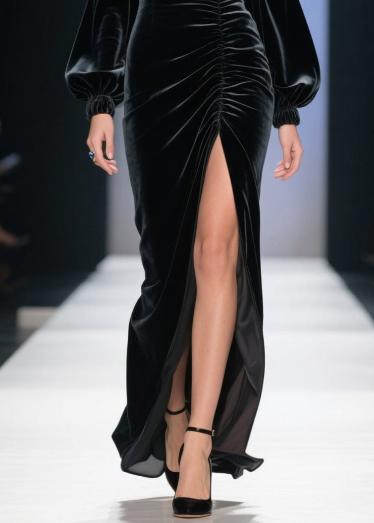 Velvet Off Shoulder Bishop Sleeve Ruched Front High Split Maxi Gown