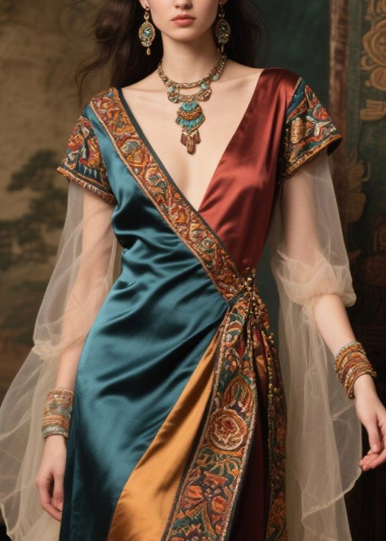 Fine Colorblock Asymmetrical Patchwork Tulle Maxi Dress Summer - View 2