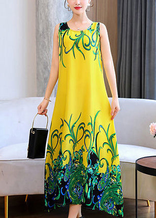 Scroll Border Print Crew Neck Sleeveless Midi Dress
