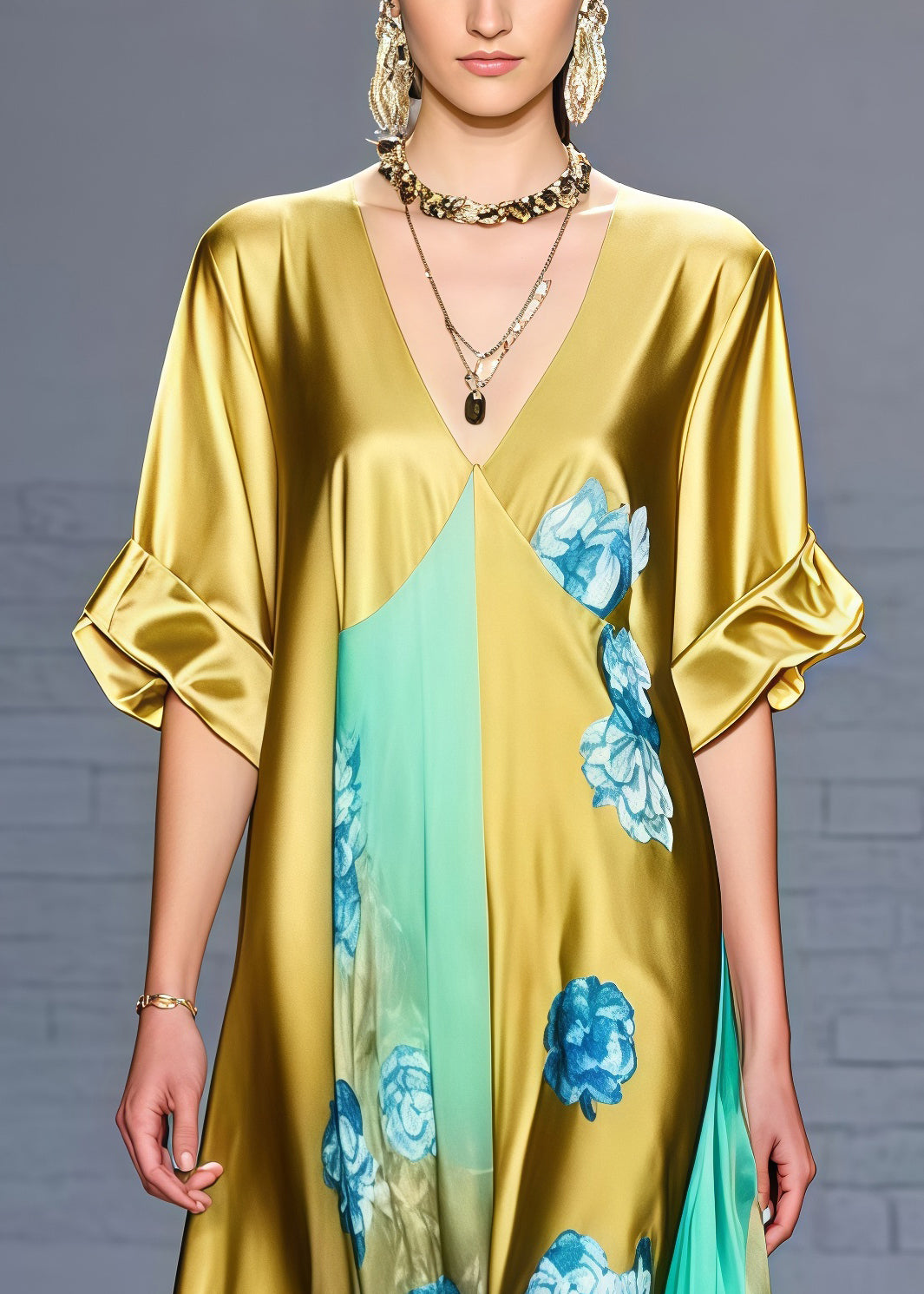 Floral Print Deep V-Neck Short Sleeve Panel Kaftan Maxi Gown
