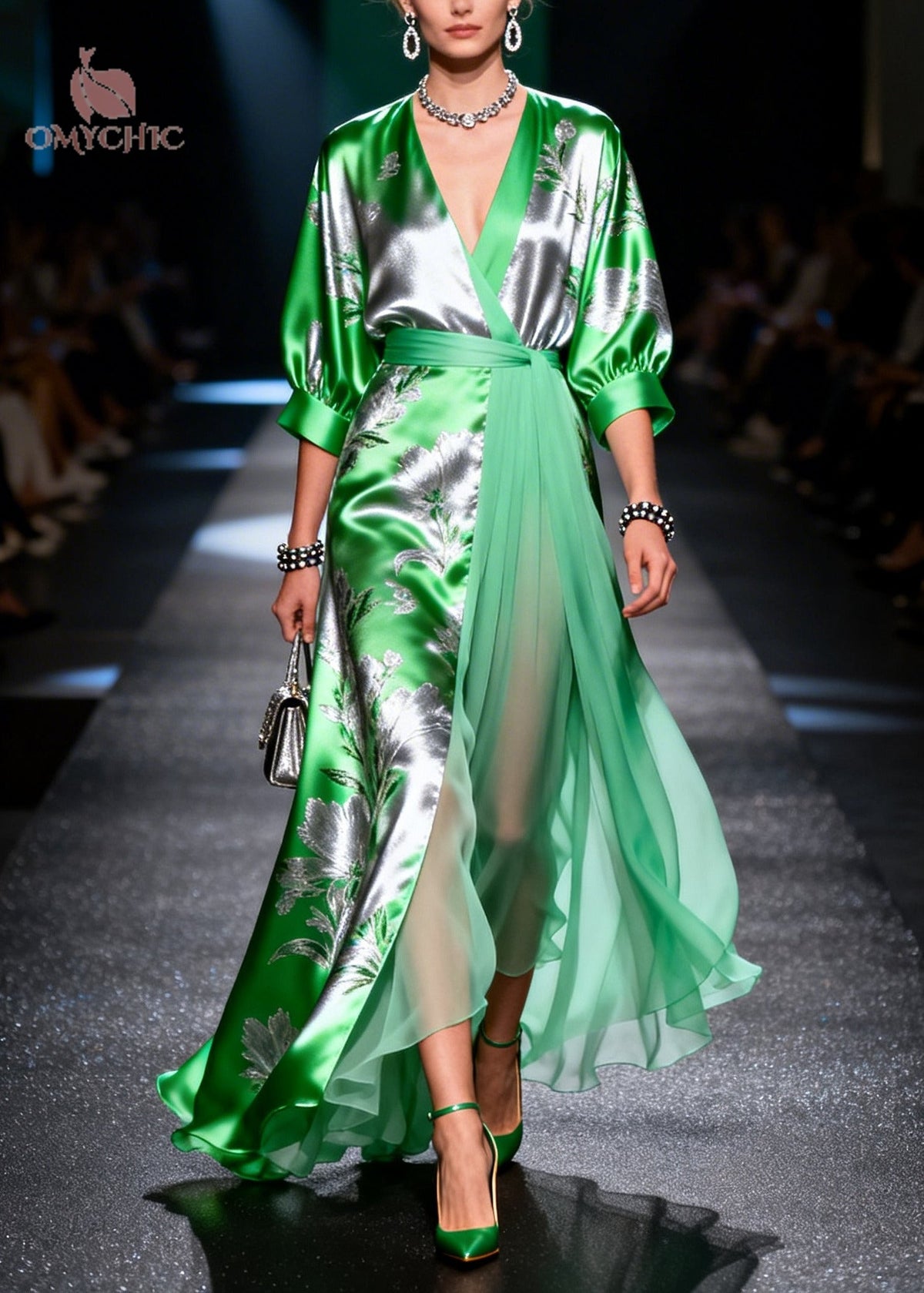 Metallic Floral Satin V-Neck Puff Sleeve Chiffon Panel Belted Maxi Dress 5
