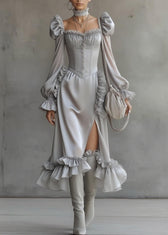 Fine Grey Ruffled Patchwork Chiffon Long Dresses Lantern Sleeve
