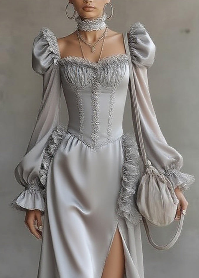 Fine Grey Ruffled Patchwork Chiffon Long Dresses Lantern Sleeve 2
