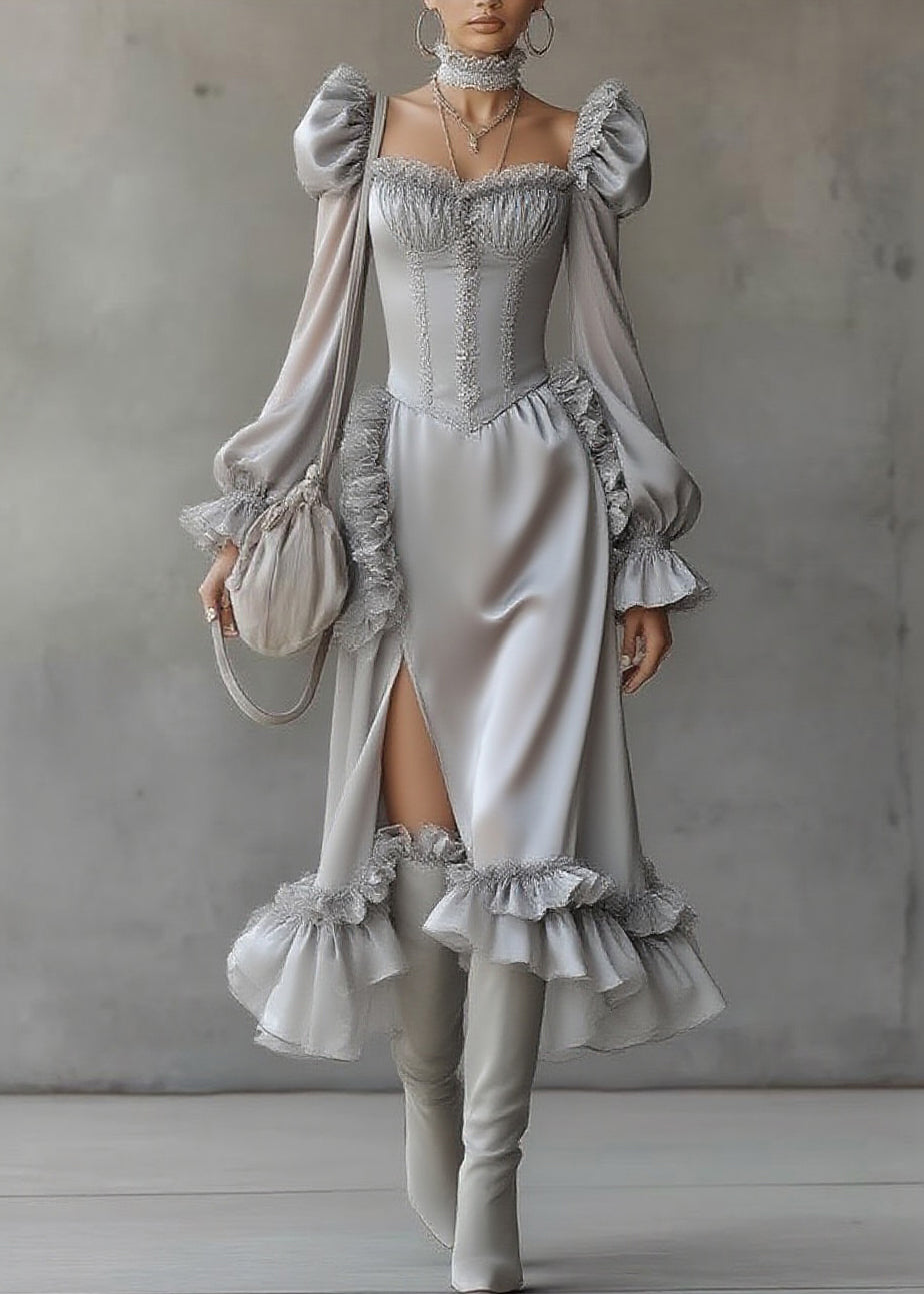 Fine Grey Ruffled Patchwork Chiffon Long Dresses Lantern Sleeve 3