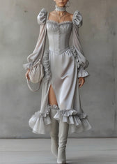 Fine Grey Ruffled Patchwork Chiffon Long Dresses Lantern Sleeve 3