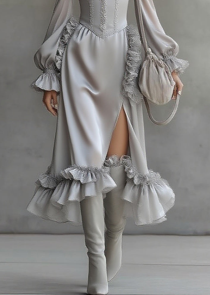 Fine Grey Ruffled Patchwork Chiffon Long Dresses Lantern Sleeve 4