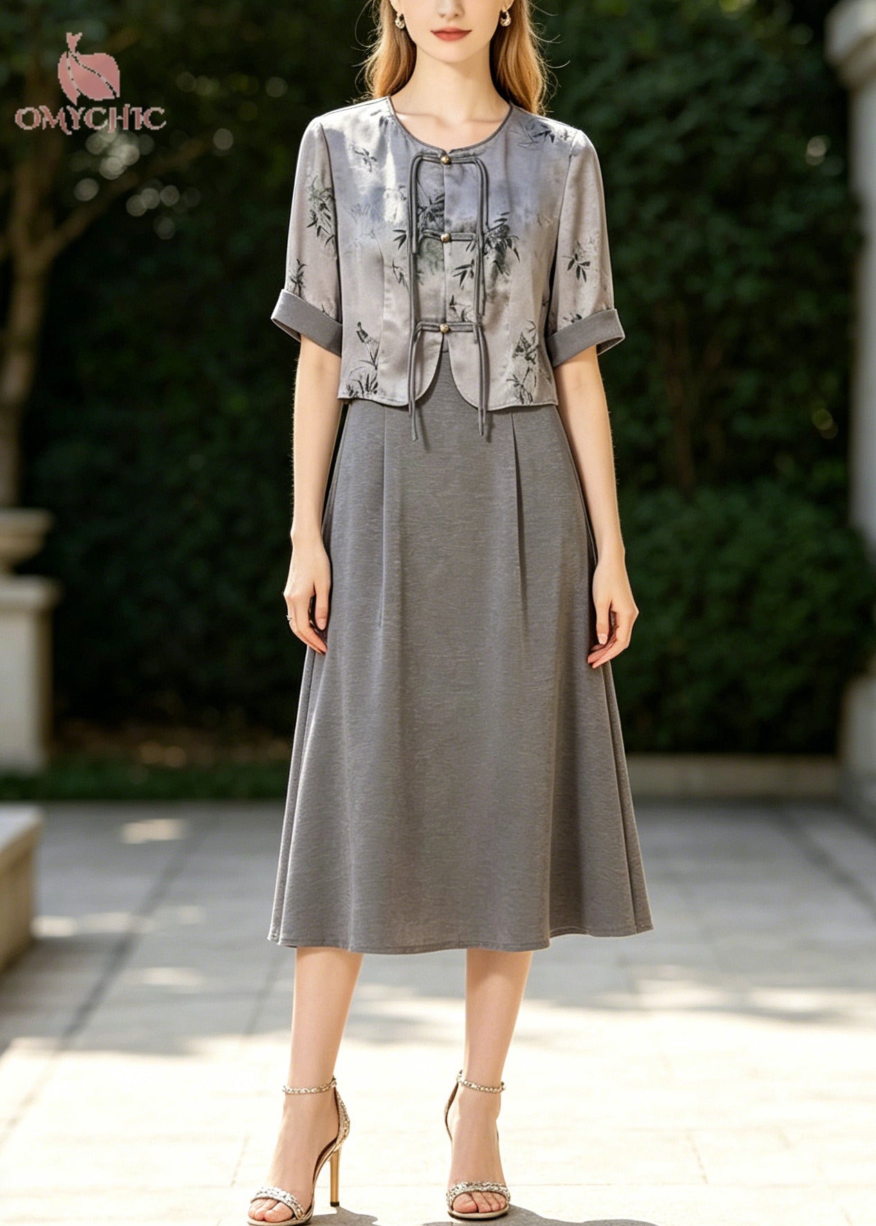 Bamboo Leaf Print Frog Button Cropped Jacket and Box Pleat Midi Skirt Two Piece Set