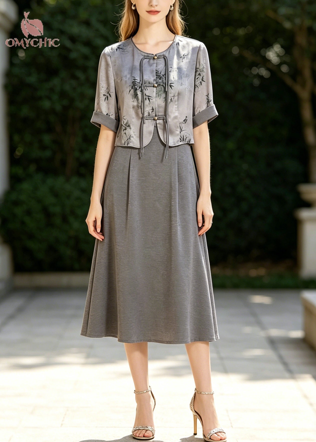 Bamboo Leaf Print Frog Button Cropped Jacket and Box Pleat Midi Skirt Two Piece Set