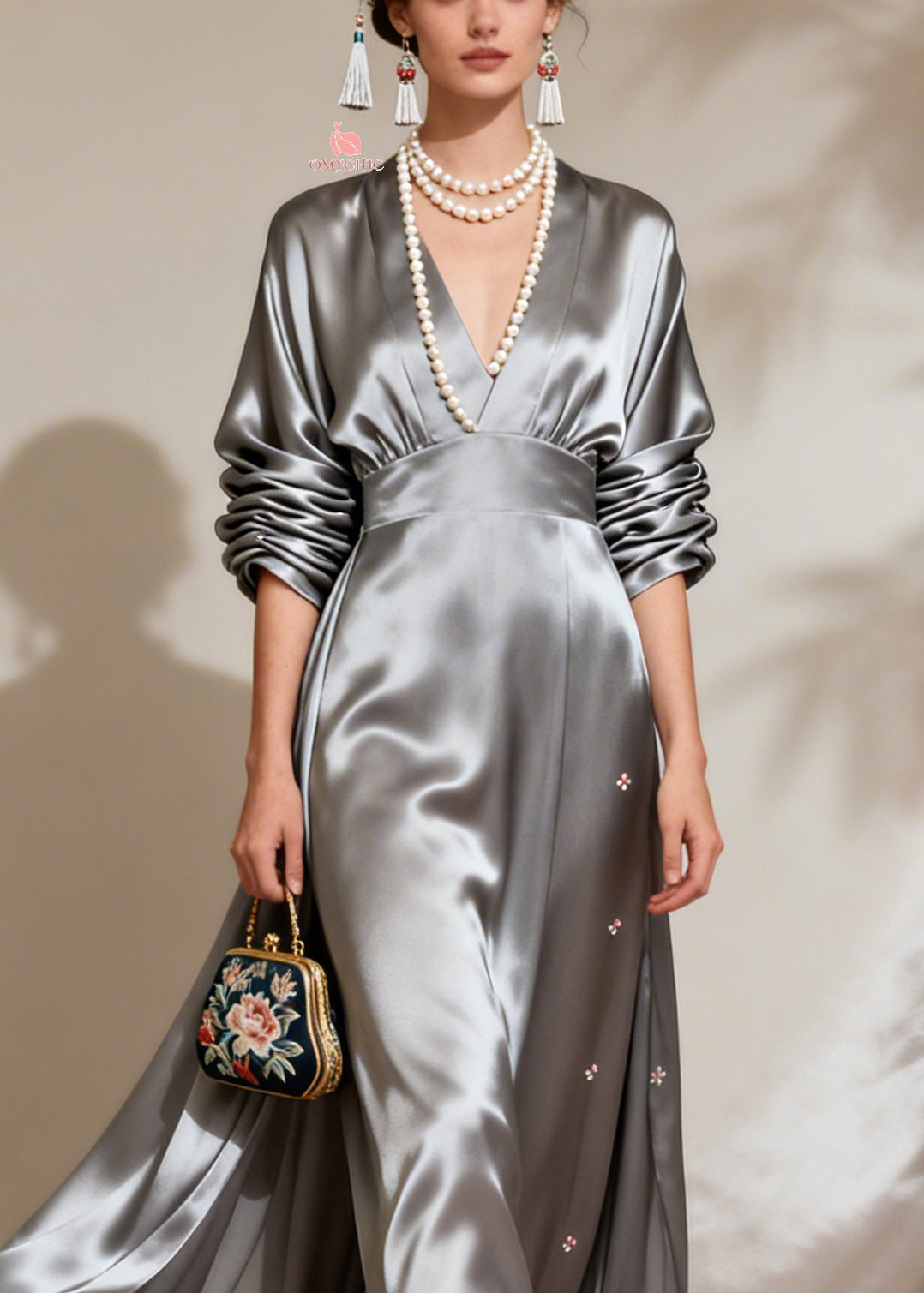 Satin Deep V-Neck Long Sleeve Empire Waist Flowy Maxi Gown