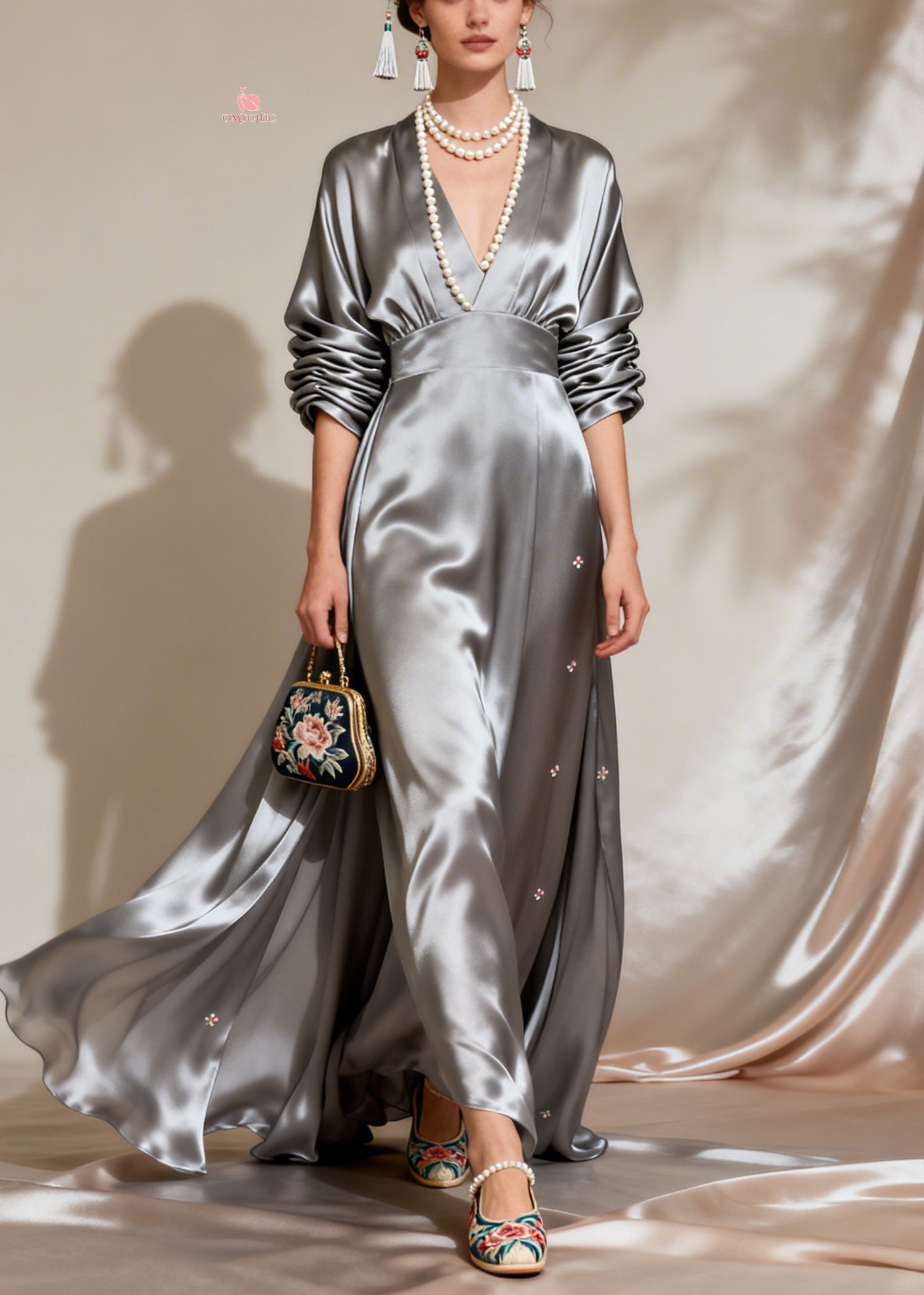 Satin Deep V-Neck Long Sleeve Empire Waist Flowy Maxi Gown