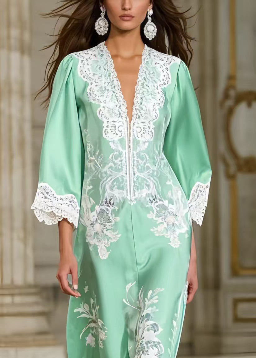 Floral Print Lace Trim Deep V-Neck Bell Sleeve Maxi Gown