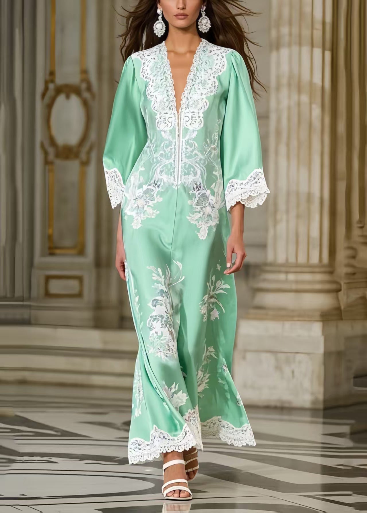 Floral Print Lace Trim Deep V-Neck Bell Sleeve Maxi Gown