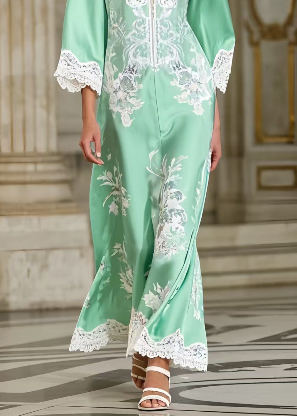 Floral Print Lace Trim Deep V-Neck Bell Sleeve Maxi Gown