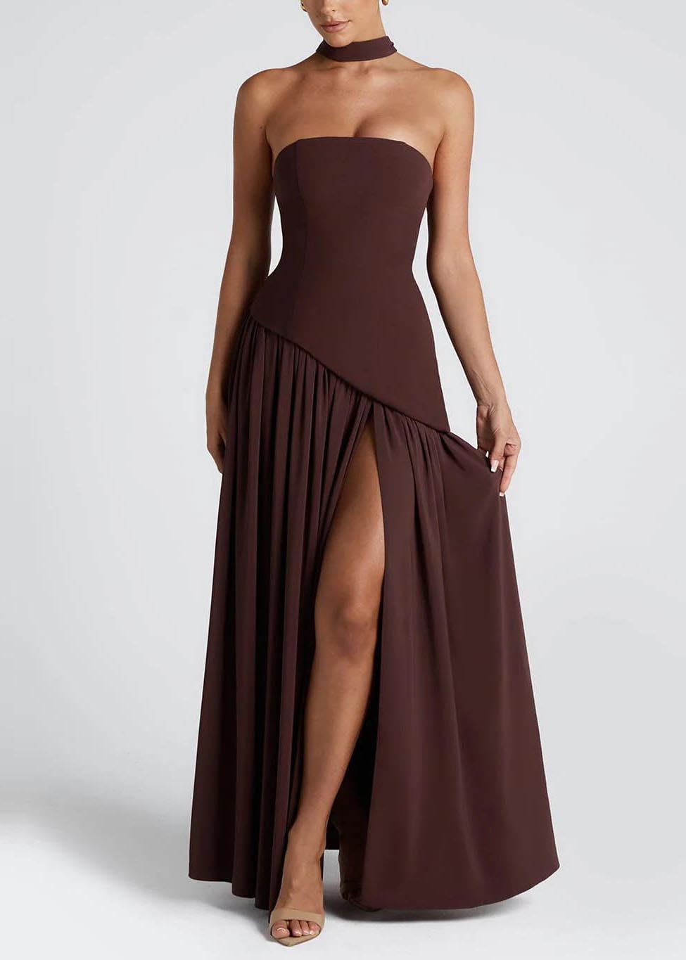 Strapless Asymmetric Drop Waist Pleated Scarf Drape Maxi Gown