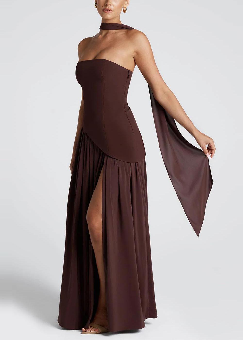 Strapless Asymmetric Drop Waist Pleated Scarf Drape Maxi Gown