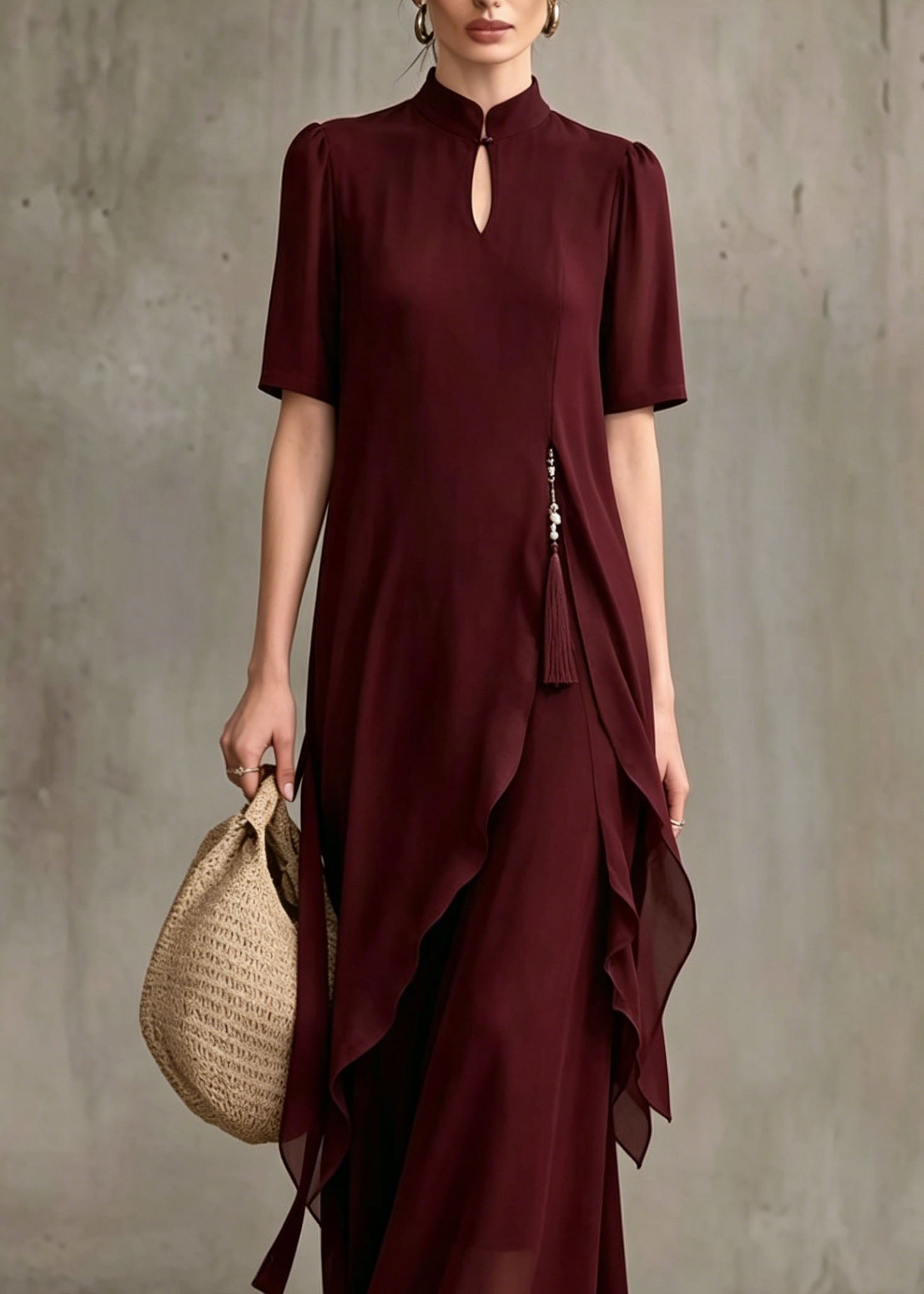 Keyhole Stand Collar Asymmetrical Drape Layer Chiffon Maxi Dress