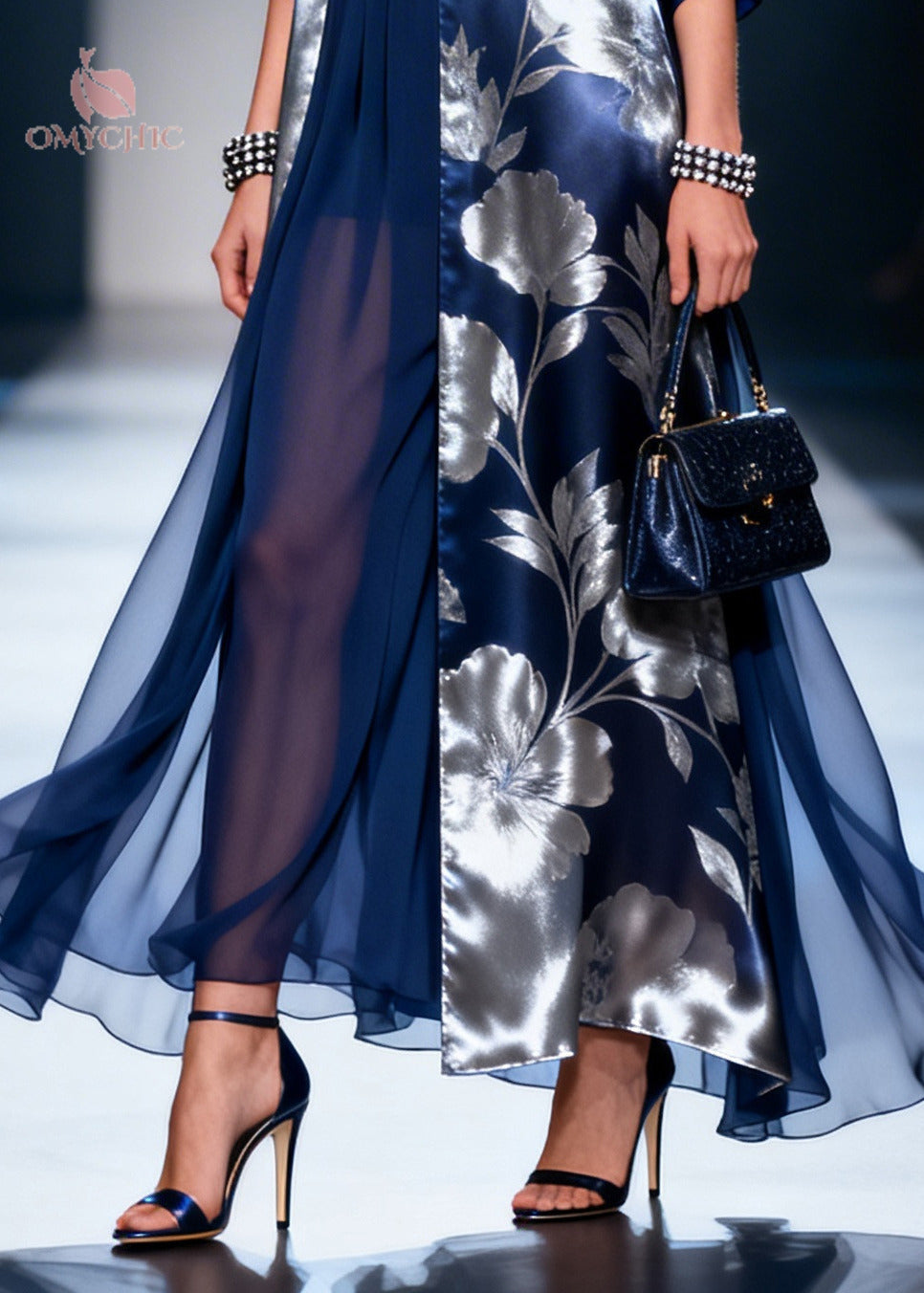 Floral Print Deep V-Neck Sheer Skirt Maxi Gown and Open Front Long Coat Two Piece Set