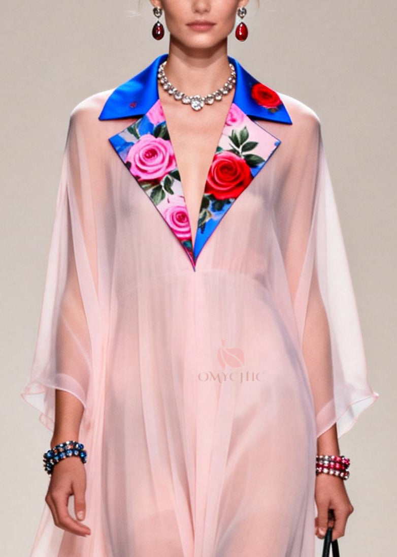 Sheer Chiffon Floral Collar Plunge V-Neck Billow Sleeve Empire Waist Maxi Gown