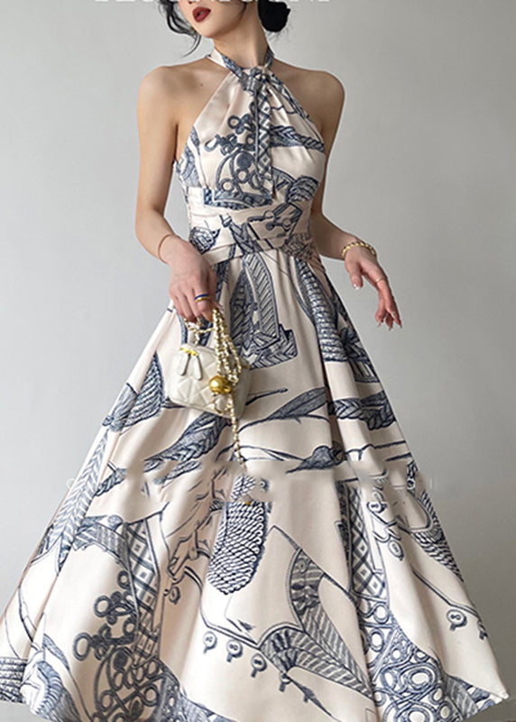 Printed Halter Tie Neck Sleeveless Fit and Flare Satin Midi Dress
