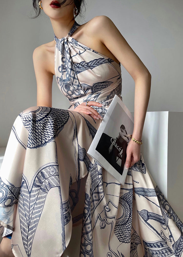 Fine O-Neck Print Chiffon Halter Maxi Dress Sleeveless - View 4