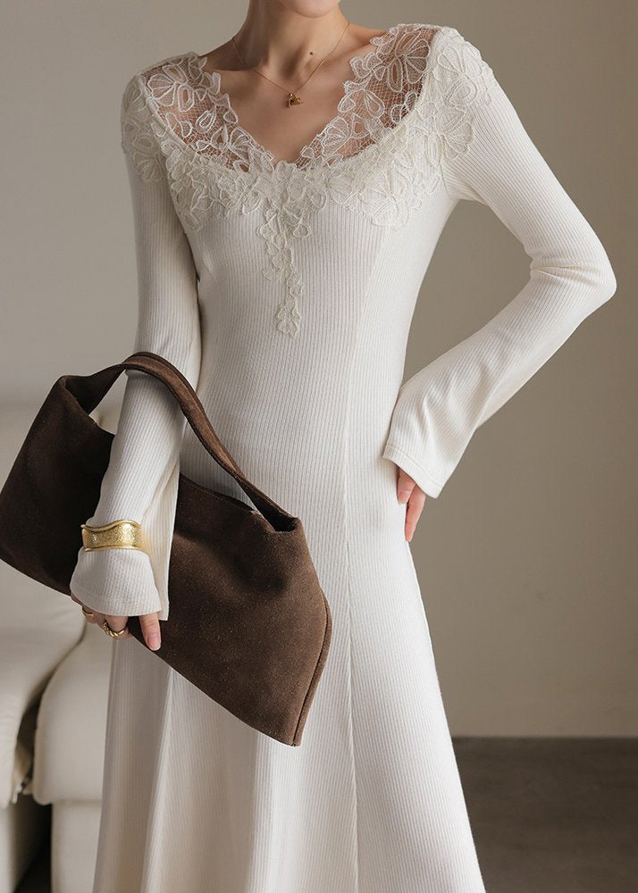 Ribbed Knit V-Neck Floral Lace Trim Long Sleeve Flared Midi Dress