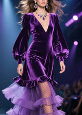 Fine Purple Tulle Ruffled Patchwork Velvet Long Dress Fall 2