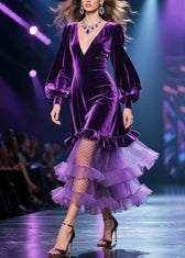 Fine Purple Tulle Ruffled Patchwork Velvet Long Dress Fall 3