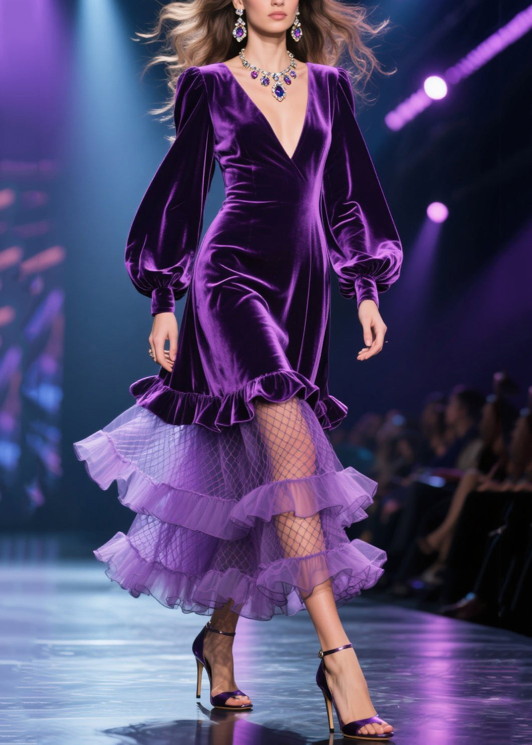 Fine Purple Tulle Ruffled Patchwork Velvet Long Dress Fall 4