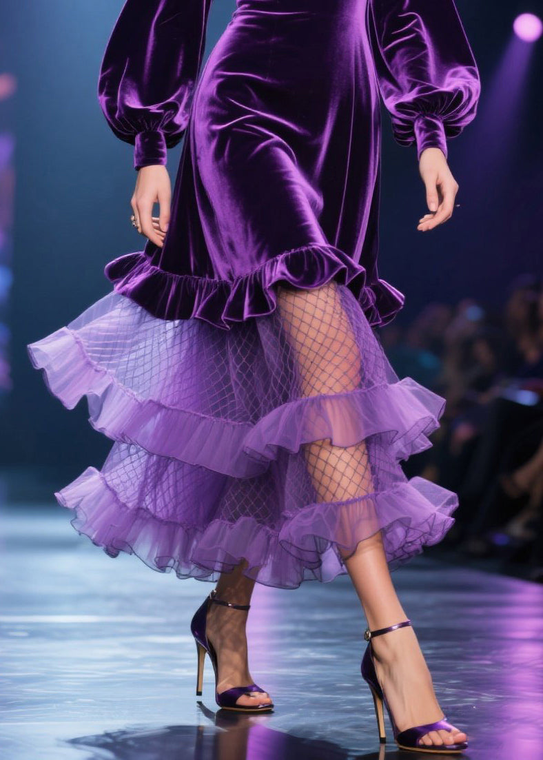 Fine Purple Tulle Ruffled Patchwork Velvet Long Dress Fall 5
