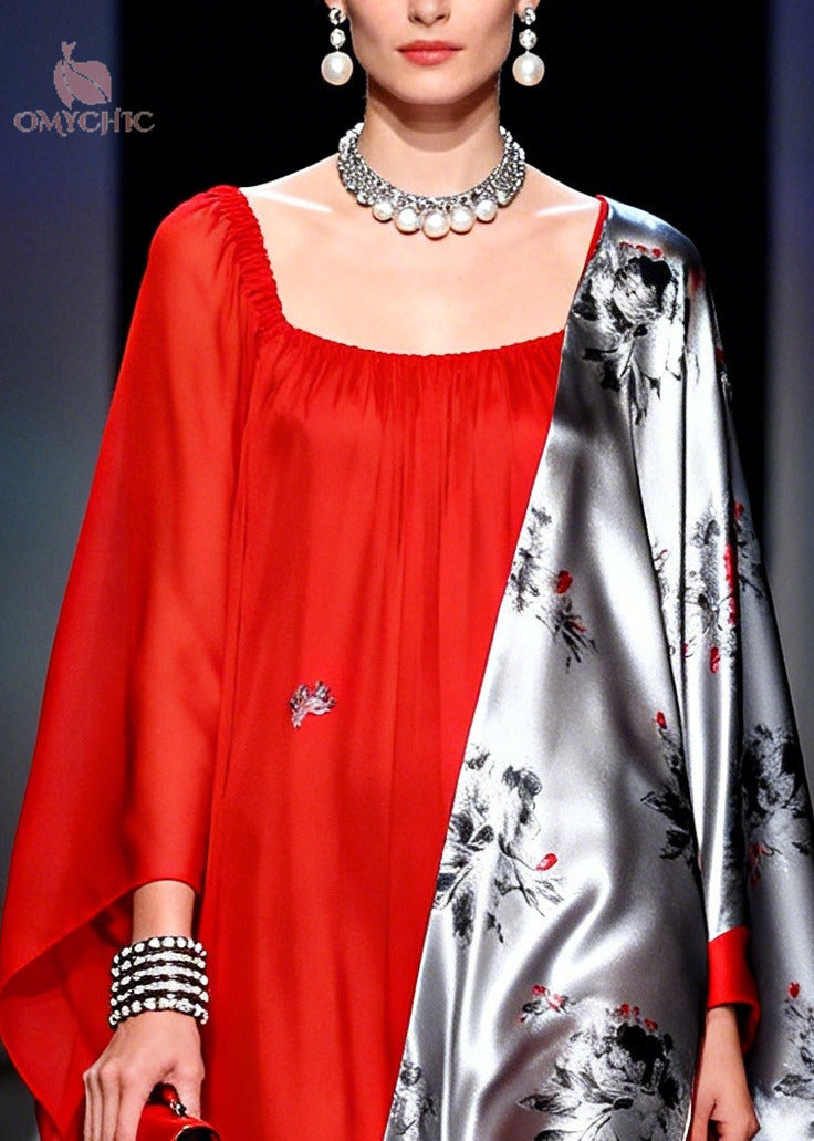 Chiffon Floral Panel Square Neck Cape Sleeve High Split Asymmetric Kaftan Maxi Gown