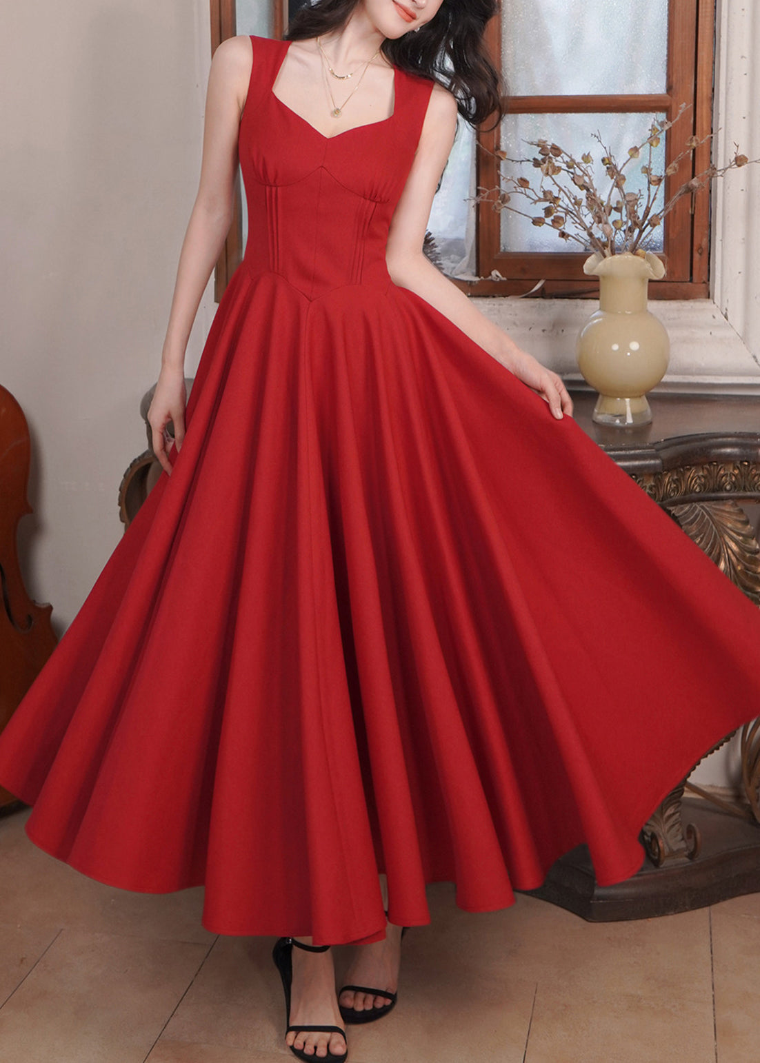 Fine Red Patchwork Tunic Long Spaghetti Strap Dresses Sleeveless