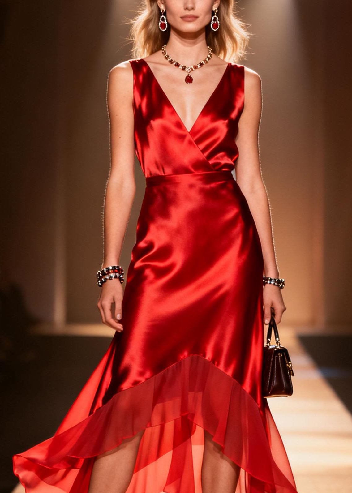 Satin Wrap V-Neck Sleeveless Tiered Chiffon Ruffle Hem Midi Dress
